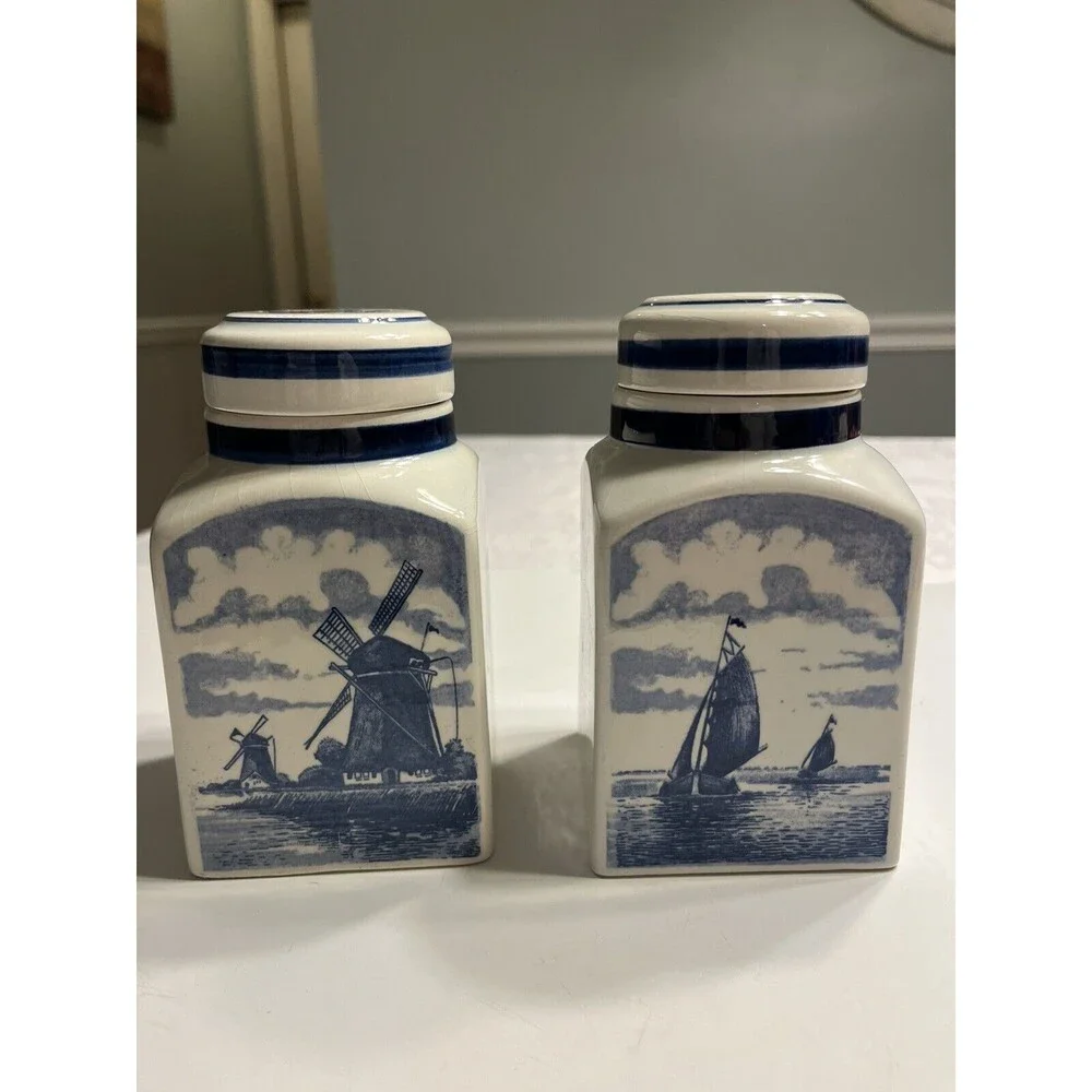 Pair of Delft Blue White Lidded Jars Spice Vanity Windmill Sailboat